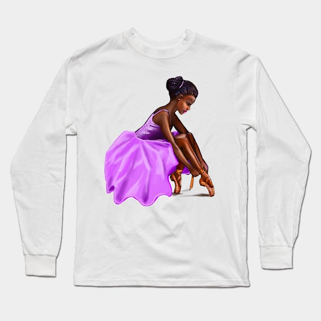 Ballerina dancer lacing her pointe shoes African American woman getting ready to dance ballet Long Sleeve T-Shirt by Artonmytee